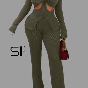 Olive Ribbed Knit Jumpsuit